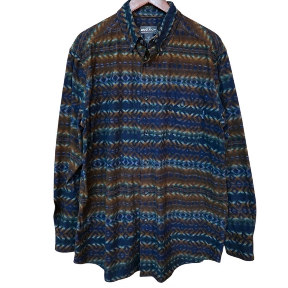 Woolrich Mens Aztec Southwestern Flannel Button Down Shirt L Navy Blanket Stripe